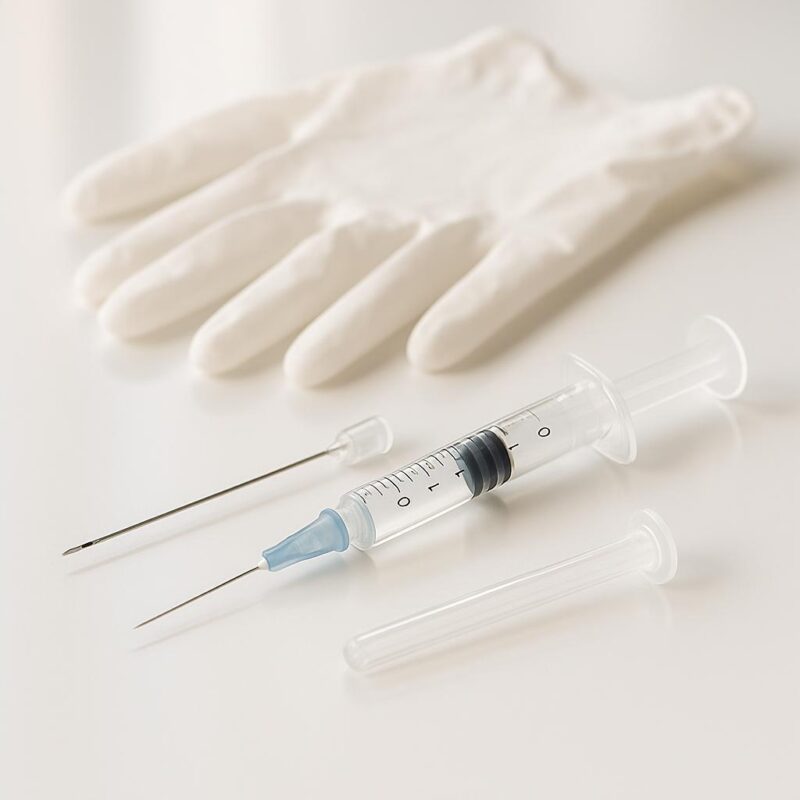 A close-up stock photo of cosmetic filler tools, including a syringe and micro-cannula, arranged neatly in a clean clinical setting.