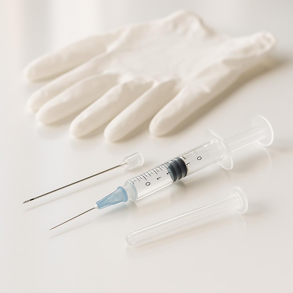A close-up stock photo of cosmetic filler tools, including a syringe and micro-cannula, arranged neatly in a clean clinical setting.