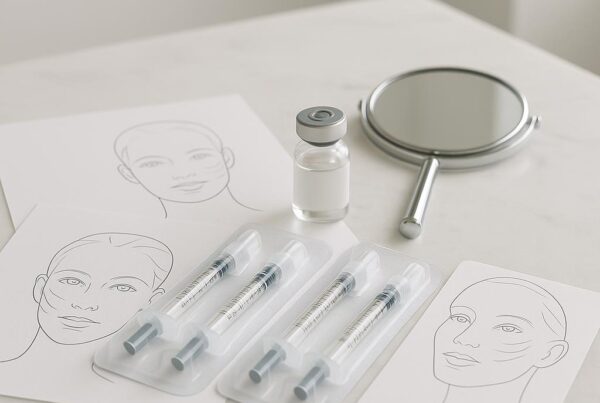 Clean, modern arrangement of facial aesthetic treatment tools and filler syringes on a white marble counter in a professional Tampa aesthetics clinic.
