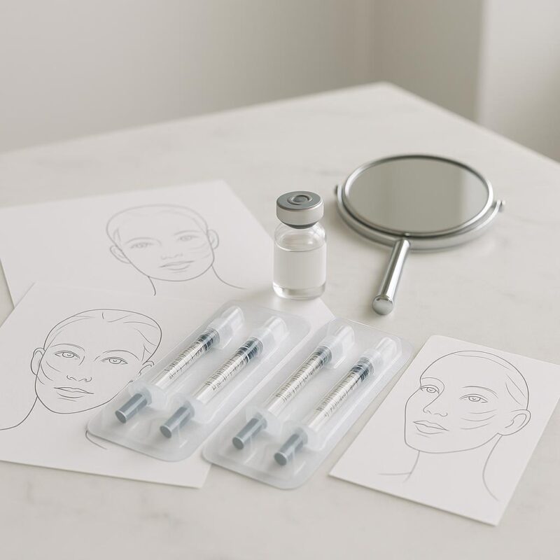 Clean, modern arrangement of facial aesthetic treatment tools and filler syringes on a white marble counter in a professional Tampa aesthetics clinic.