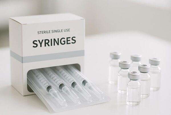 Sterile syringes and vials arranged on a clean surface in a modern medical clinic, representing Sculptra injectable treatments for natural facial volume restoration.