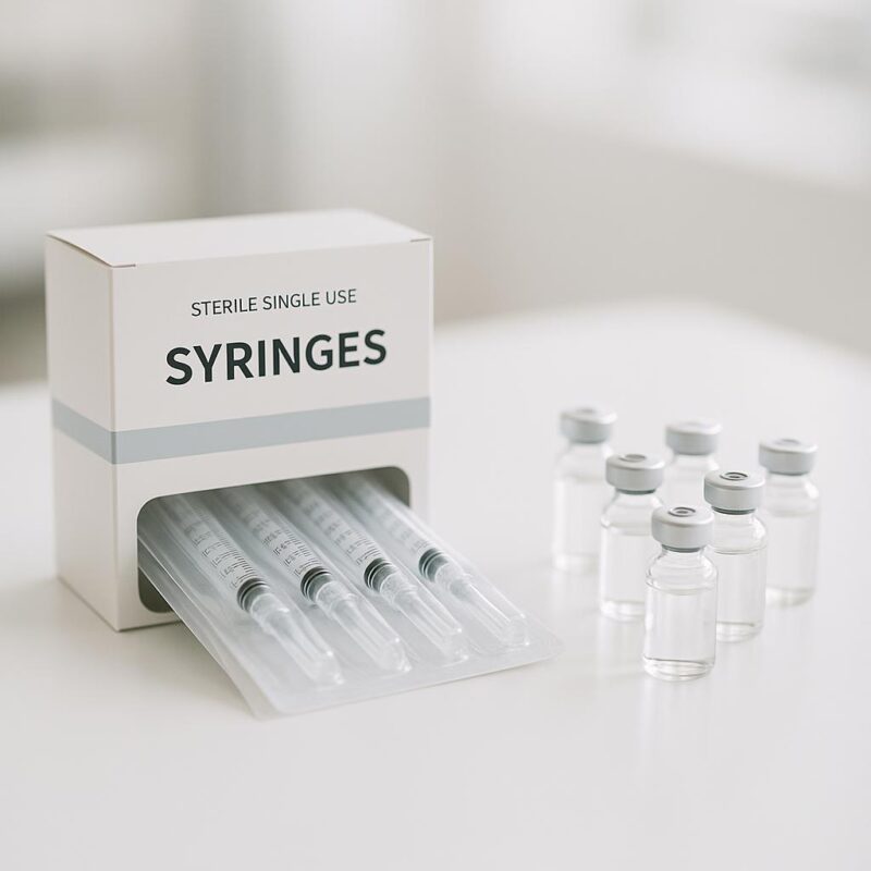 Sterile syringes and vials arranged on a clean surface in a modern medical clinic, representing Sculptra injectable treatments for natural facial volume restoration.