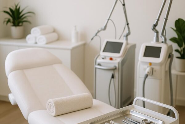 Modern and elegant Tampa med spa treatment room with advanced equipment and serene ambiance, photographed as a stock image without people.