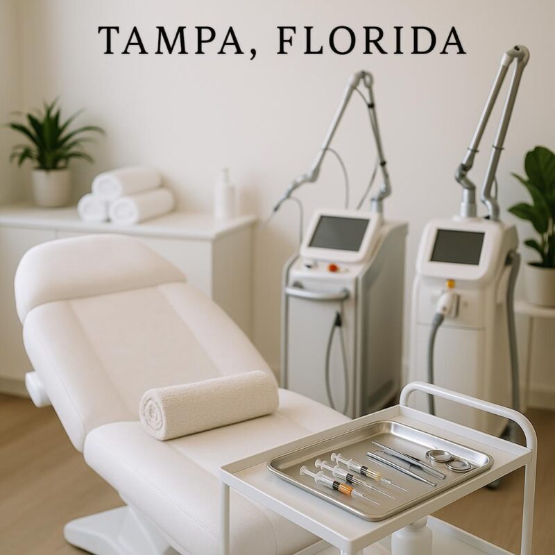 Modern and elegant Tampa med spa treatment room with advanced equipment and serene ambiance, photographed as a stock image without people.