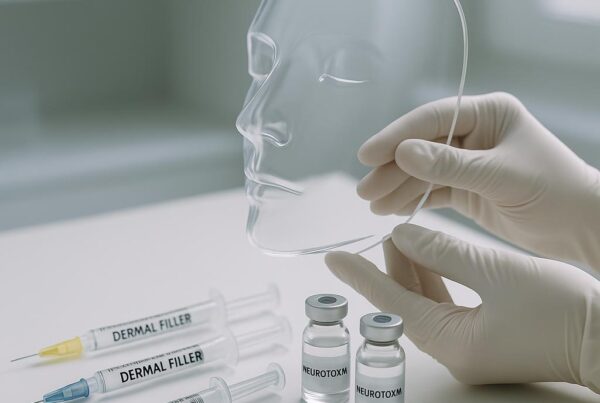 Assorted dermal filler syringes, neurotoxin vials, and a clear facial mask on a clean clinical surface, representing full facial balancing treatments in a professional aesthetic setting.