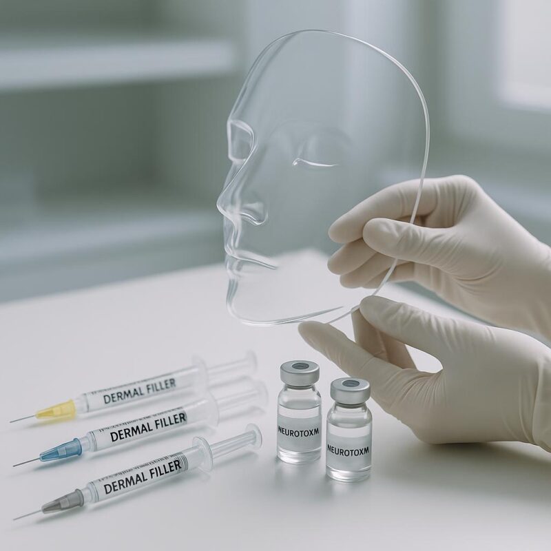 Assorted dermal filler syringes, neurotoxin vials, and a clear facial mask on a clean clinical surface, representing full facial balancing treatments in a professional aesthetic setting.