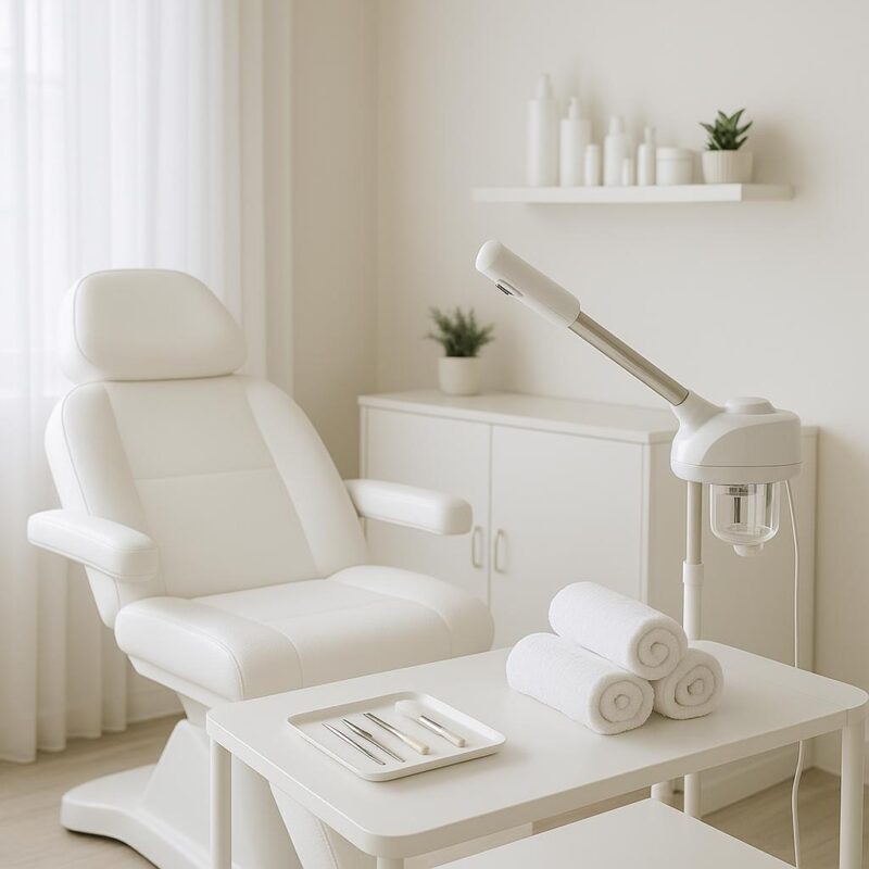 Modern med spa treatment room with clinical bed, soft lighting, and clean, professional décor, highlighting a serene and sterile environment.